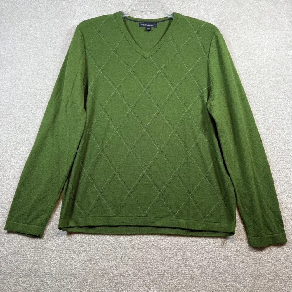 Banana Republic Sweater Mens Large‎ Green Merino Wool V-Neck